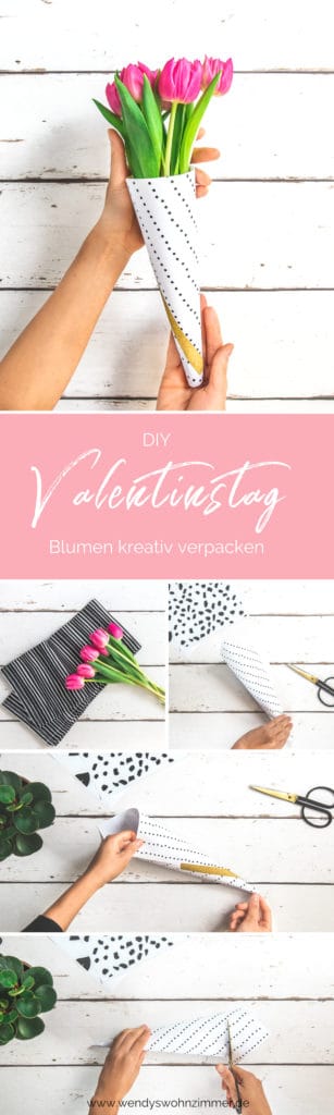 DIY Idee Valentins Blumen schön verpacken mit kostenloser Druckvorlage